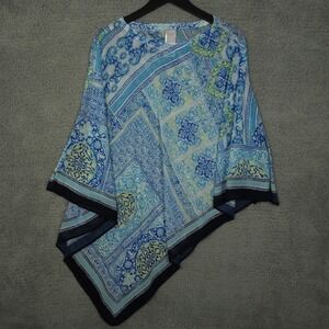 Chicos Poncho Top Womens S/M Blue Green Coastal Tile Asymmetrical Hem Sheer
